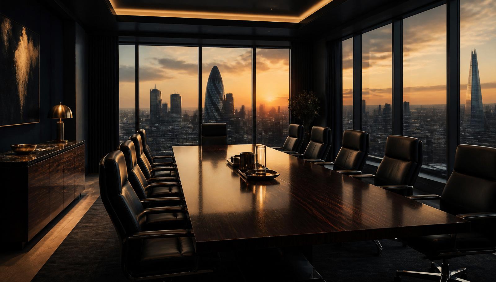 Executive boardroom at dusk overlooking London skyline